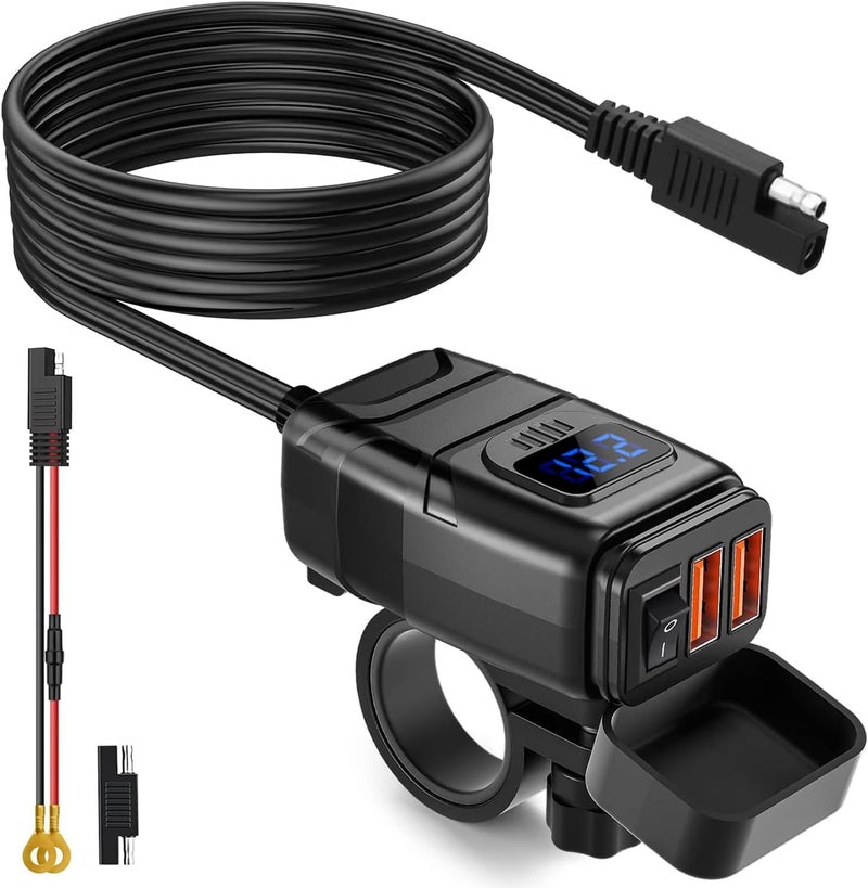 EXTRACTME Motorcycle USB Charger, 6.8A Quick Charge 3.0 Dual USB Motorcycle Phone Charger with Voltmeter & ON/Off Switch, Waterproof Quick Disconnect SAE to USB Adapter for Phone, Tablet, GPS - Blue - Image 1